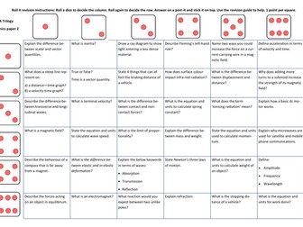 Physics combined science paper 2 Roll it (dice) revision sheet!