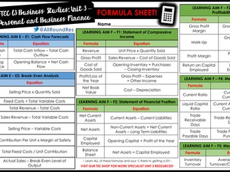 BTEC Level 3 Business: Unit 3 - Personal & Business Finance ALL THE FORMULAS SHEET!