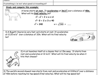 NEW GCSE (9-1) v2-u2 = 2as equation scaffolded worksheets with answers. (v2-u2=2ad)