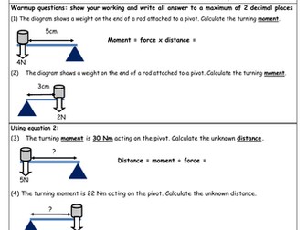 NEW GCSE (9-1) Moments and levers scaffolded worksheet with answers