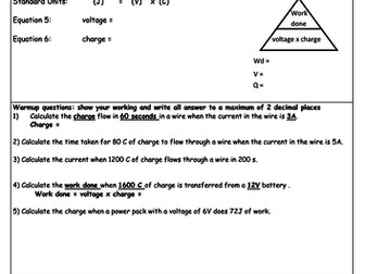 GCSE Electricity Voltage, work done and charge worksheet with answers. V=EQ and V=IR