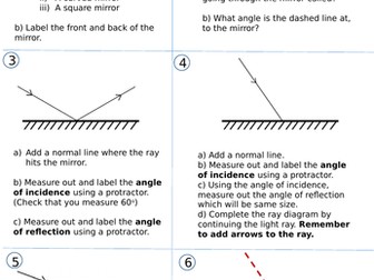 Reflections worksheet - scaffolded worksheet used to help teach law of reflection