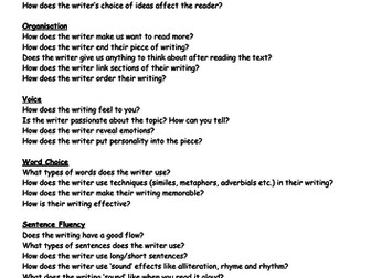 'Read like a Writer' Question Prompts - Improve your writing through questioning