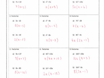 Factorising Single Brackets Homework with Answers