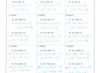 Expanding Double Brackets Homework Sheet with Answers