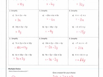 Collecting Like Terms/Simplifying Expressions Homework with Answers