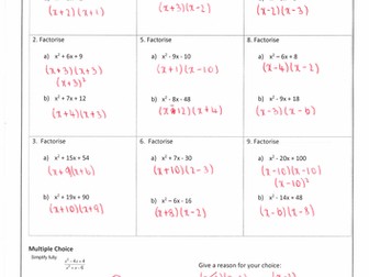 Factorising Quadratics Homework with Answers