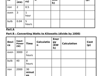 Cost of electricity worksheet with answers (scaffolded)