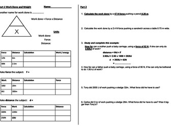 Work done = force x distance and weight scaffolded worksheet with answers