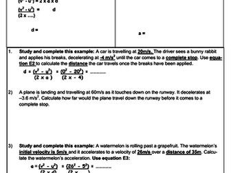 New GCSE (9-1) v2-u2=2a x d Complete lesson with worksheets and answers (v2 = u2 + 2as)