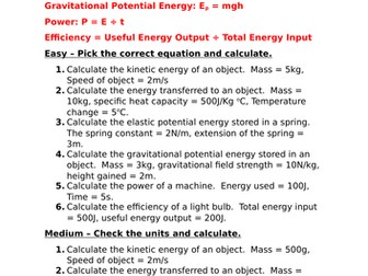 AQA Physics Unit 1 Energy Revision Calculations Questions