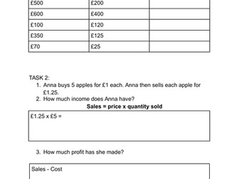 Calculating Profit worksheet