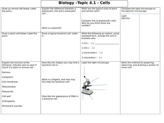Biology Revision Sheets - Cells and Organisation - Topics 4.1 and 4.2 - NEW AQA COMBINED SCIENCE