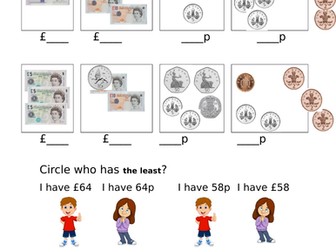 Compare money amounts, Year 2, differentiated 2 ways