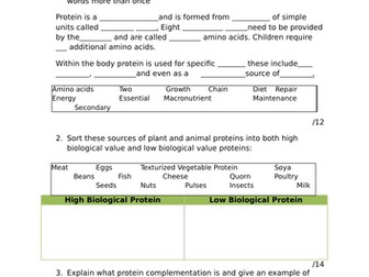 Protein and Fat Revision Worksheet AQA FPN