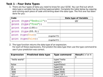 Python - Data Types Worksheet