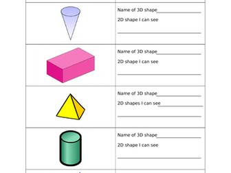 Year 2 worksheets, identify 2D shapes on 3D shapes