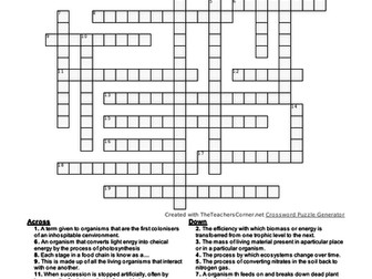 Crossword puzzle of key words for the new OCR  A spec Ecosystems topic