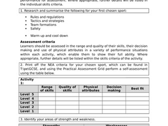 OCR GCSE PE - Practical Sports Initial Self Assessment Worksheet