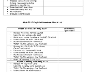 AQA GCSE English Language/Literature Checklist