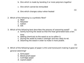 GCSE D&T 9-1 quick test covering all material areas and maths questions