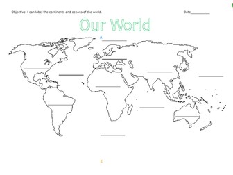 World Continents Labelling worksheets differentiated