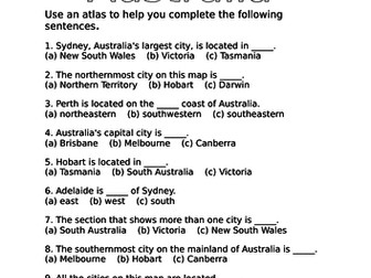 Australia Atlas Worksheet and answers