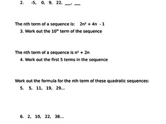 Quadratic sequences worksheet (or test) with answers
