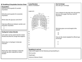 Exploring Science 8C Breathing and Respiration Revision Sheet (2018)