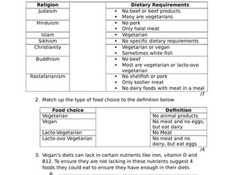 Food Choices Revision Worksheets for the FPN AQA | Teaching Resources