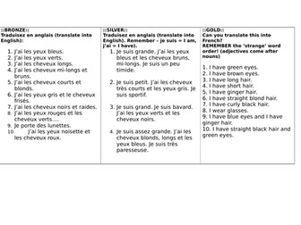 Year 7 differentiated practice - describing appearance in French