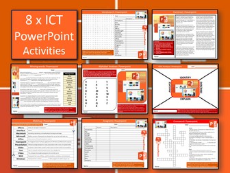 8 x Microsoft PowerPoint Activities ICT Computing Keywords KS3 GCSE Wordsearch Crossword Cover