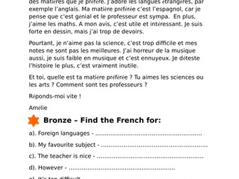 Year 7 differentiated worksheet on topic of school