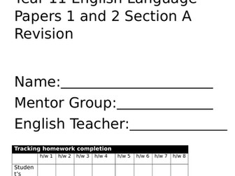 AQA Year 10 and Year 11 KS4 English Language Section A Homework Revision Pack