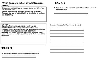 AQA Combined Science Trilogy. Heart -when circulation goes wrong assessment or revision task