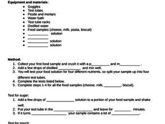 KS3 Biology Food tests practical worksheets