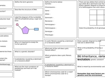 AQA GCSE 9-1 B6 Inheritance, variation & evolution revision broadsheet