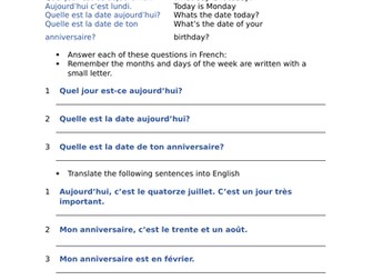 French Dates Worksheet