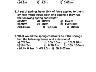 Force, spring constant and extension calculation questions