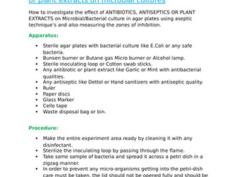 GCSE Biology Practical Effects of antiseptics, antibiotics or plant extracts on microbial cultures,