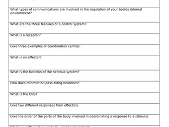 GCSE BIOLOGY HOMEOSTASIS AND RESPONSE REVISION SHEET