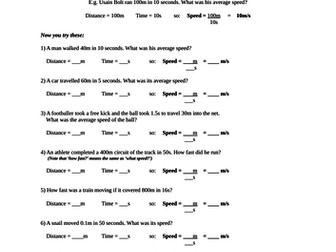 Speed = Distance / Time - lots of independent revision questions - for automaticity and fluency