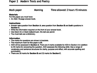 1 x mock paper for AQA English Literature GCSE paper 2 (formatted & mock paper 2/2)
