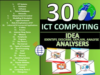 30 x IDEA Analysers ICT Computing GCSE or KS3 Keyword Starters Activity or Cover Lesson