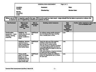 Risk Assessment Textiles Room | Teaching Resources