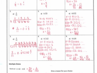 Converting Recurring Decimals to Fractions Homework with Answers