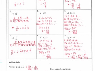 Converting Recurring Decimals to Fractions Homework with Answers