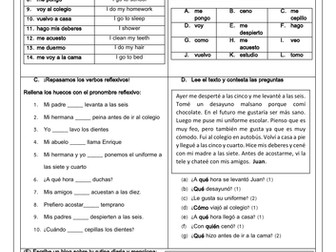 Spanish GCSE Daily Routine Revision Worksheet (Present & Past): vocabulary, reading, writing