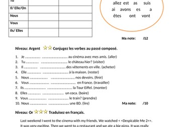 Differentiated worksheet to  revise the perfect tense/ passé composé with avoir and être