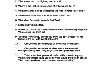 The Highwayman comprehension activities